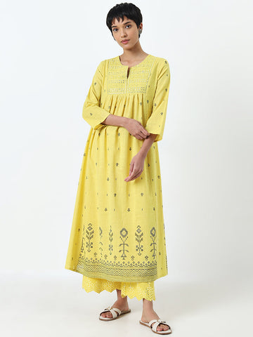 Utsa Yellow Mirror-Work Detailed A-Line Cotton Kurta