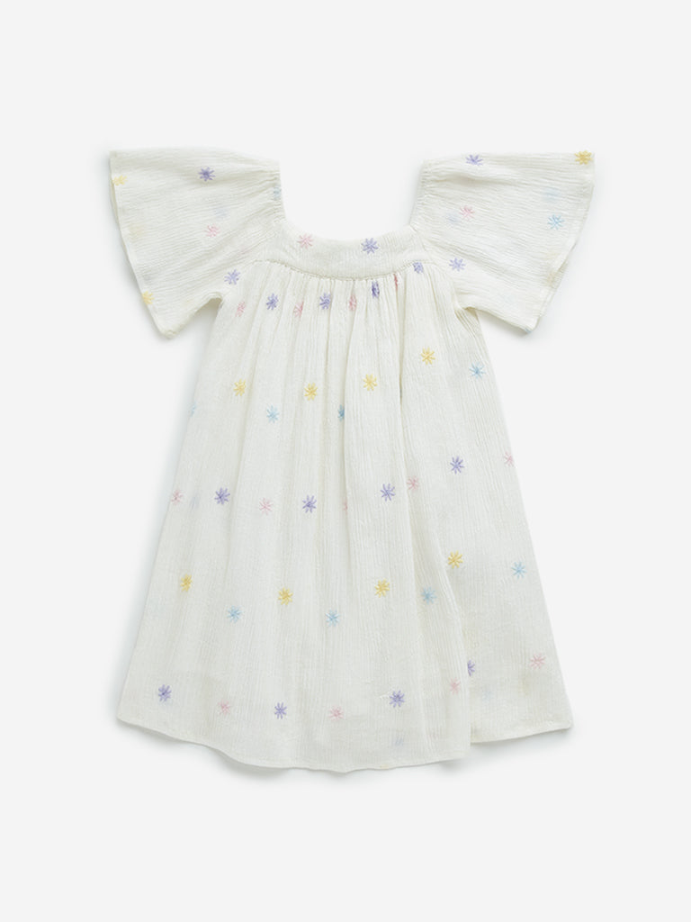 HOP Kids Off-White Floral Embroidered A-Line Cotton Dress