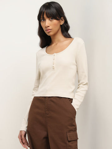 Nuon Beige Ribbed-Textured Cotton Blend Top