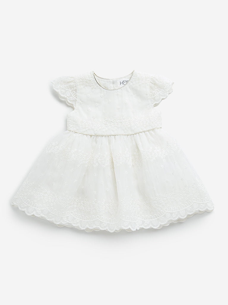 HOP Baby White Floral Embroidered Frock Dress