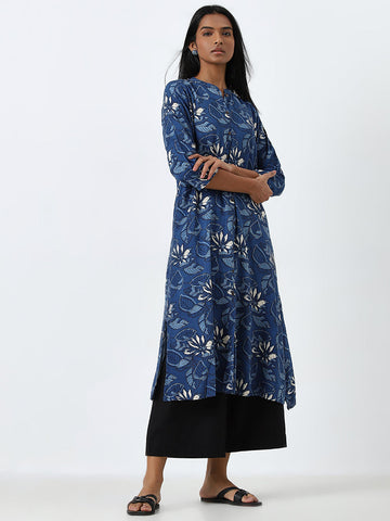 Utsa Indigo Leaf Printed A-Line Kurta