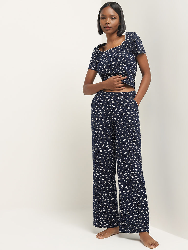 Superstar Navy Printed High-Rise Cotton Blend Pyjamas