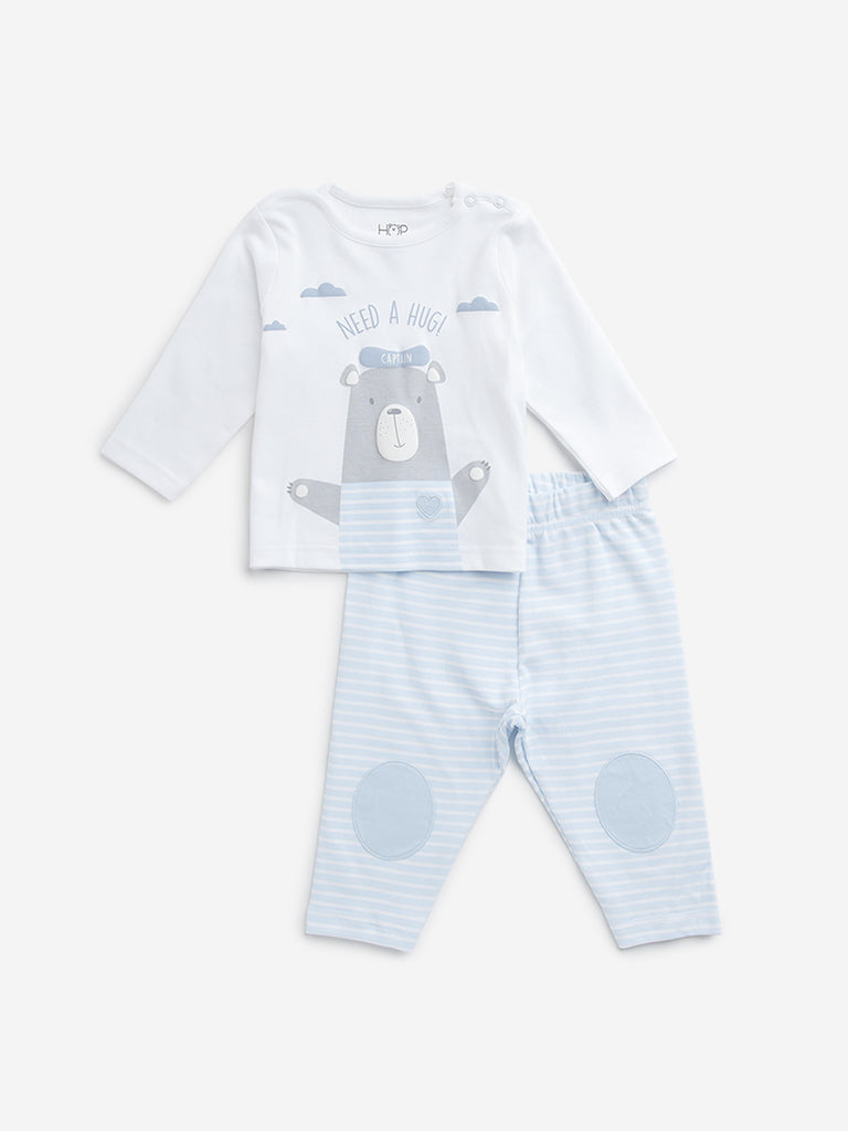 HOP Baby Light Blue Animal Print Cotton T-Shirt & Pants Set