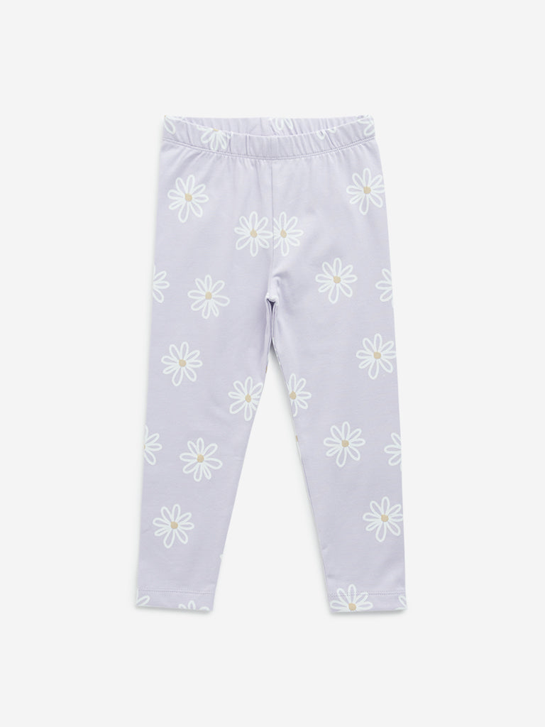 HOP Kids Lilac Floral Print Mid-Rise Cotton Blend Leggings