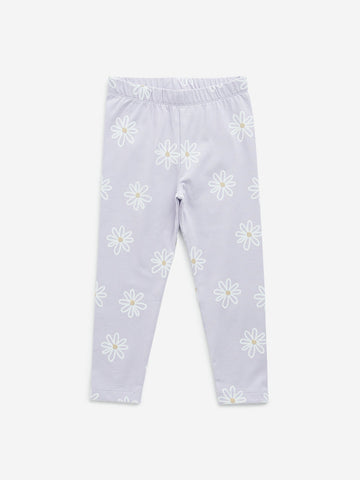 HOP Kids Lilac Floral Print Mid-Rise Cotton Blend Leggings