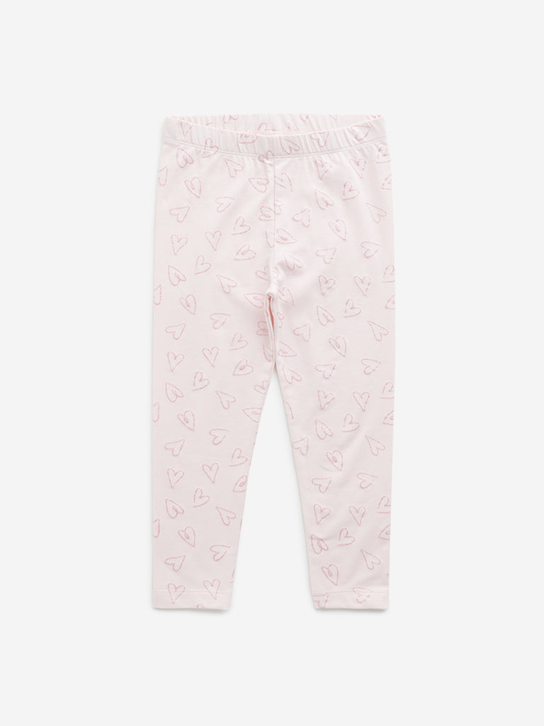 HOP Kids Light Pink Heart Mid-Rise Cotton Blend Leggings