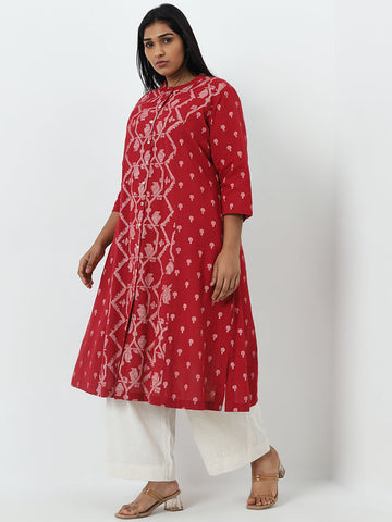 Diza Red Jamdani Printed A-Line Cotton Kurta