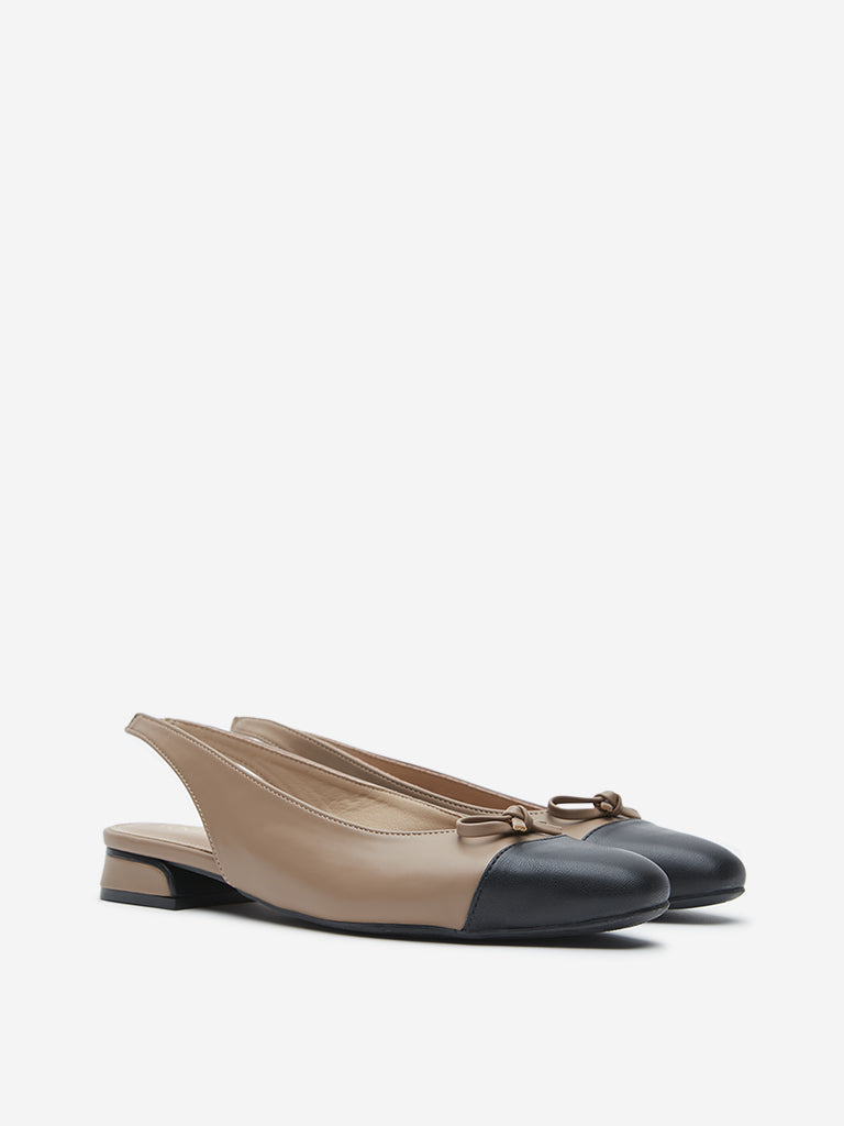 LUNA BLU Taupe Bow Detailed Slingback Ballerina