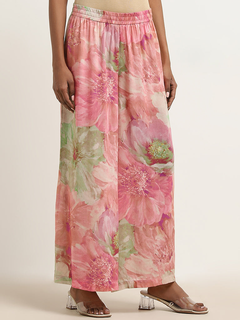 Zuba Pink Floral Printed High-Rise Palazzos