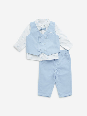 HOP Baby Light Blue Cotton Shirt, Waistcoat, Trousers & Bow Set