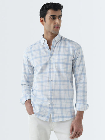 WES Casuals Light Blue Checkered Slim-Fit Cotton Shirt