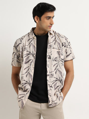 WES Casuals Beige Leaf Printed Slim-Fit Cotton Shirt