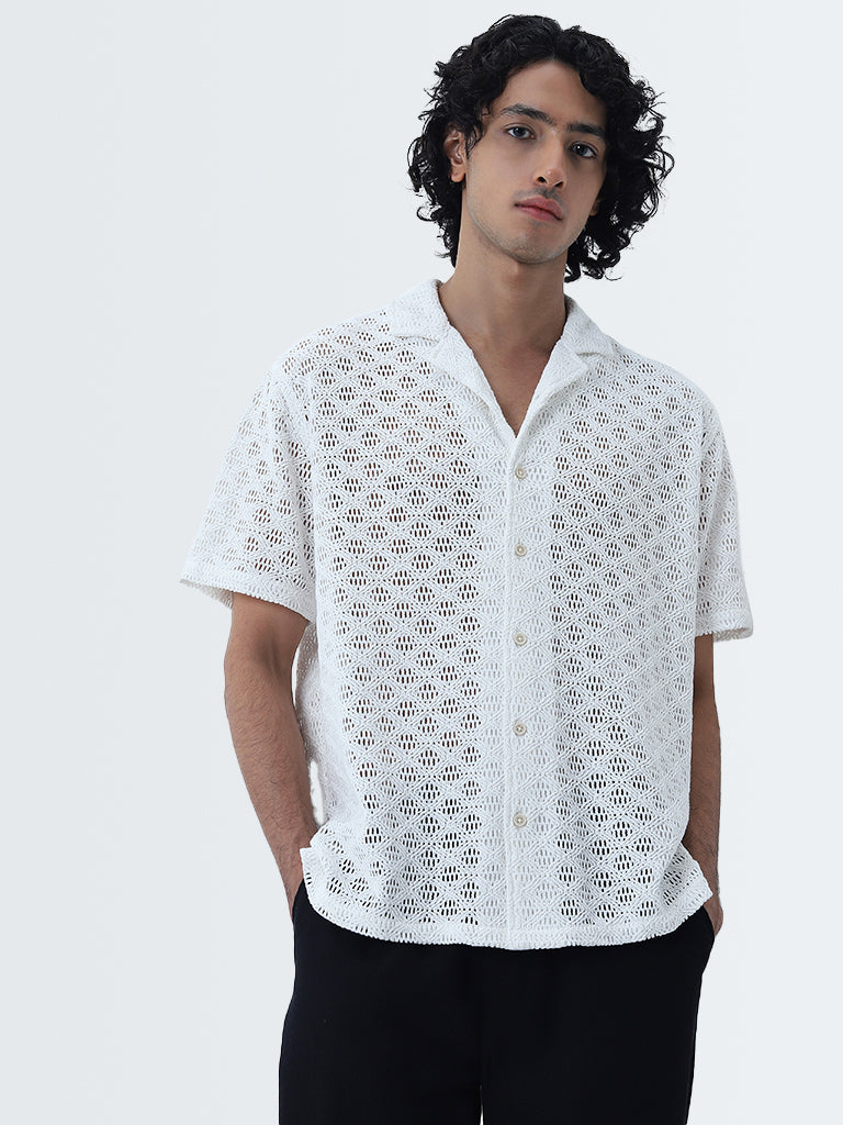 ETA White Crochet Detailed Relaxed-Fit Cotton Shirt