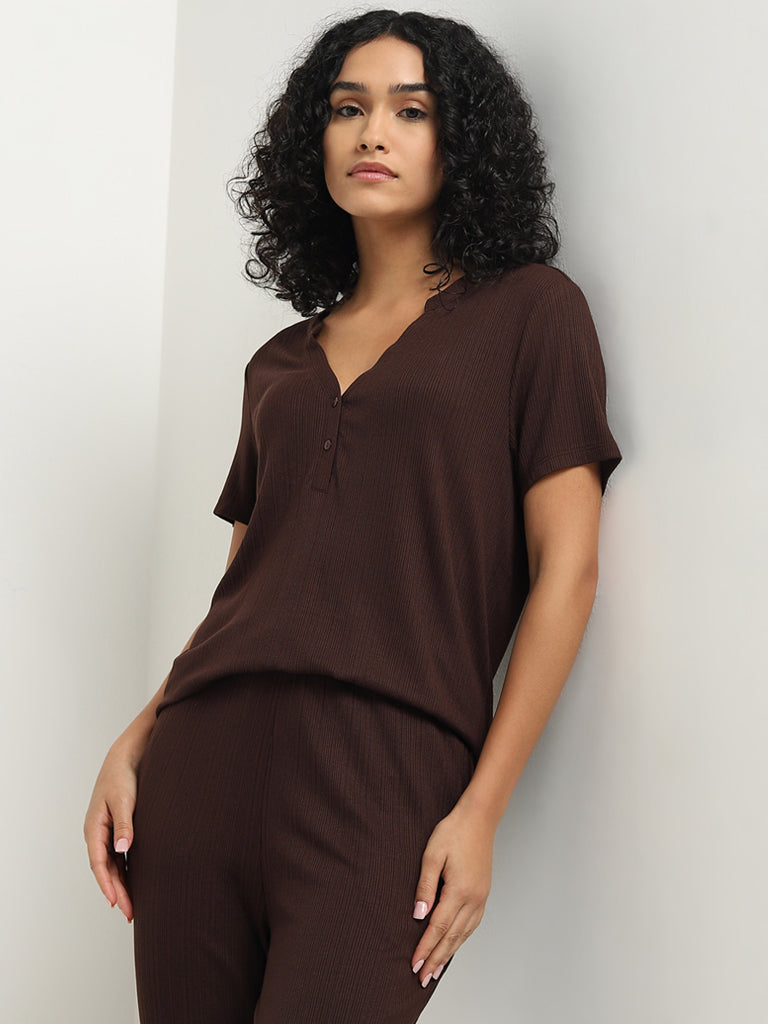 Wunderlove Dark Brown Ribbed Textured Henley Top