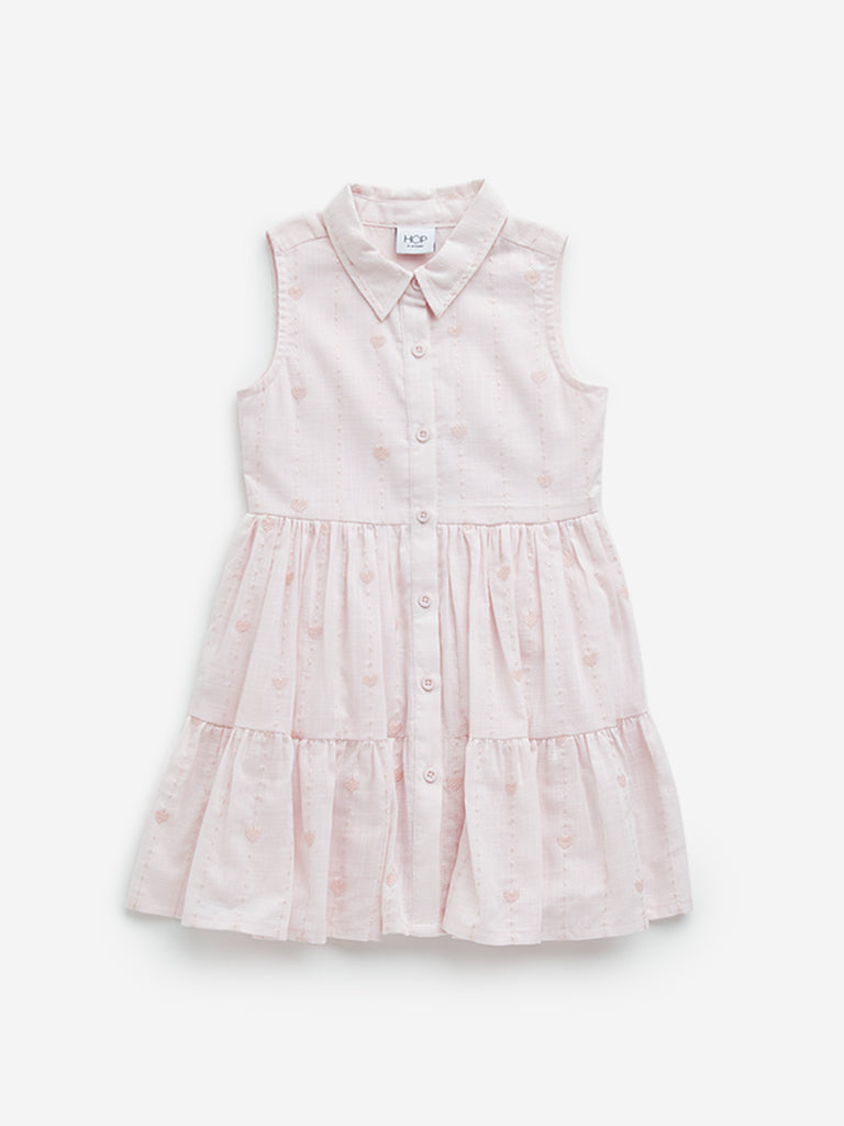 HOP Kids Pink Embroidered Cotton Tiered Shirt Dress