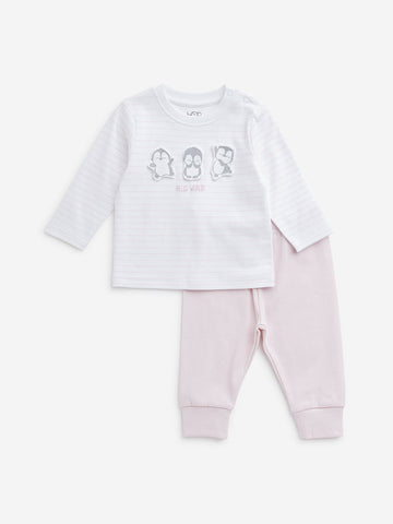 HOP Baby Light Pink Striped Cotton T-Shirt with Pants Set