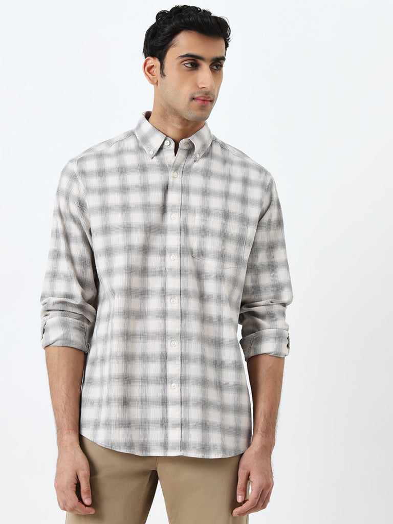 WES Casuals Sage Checkered Relaxed-Fit Cotton Blend Shirt