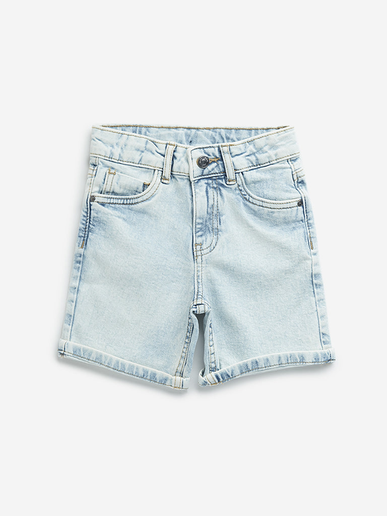 HOP Kids Light Blue Washed Mid-Rise Denim Shorts