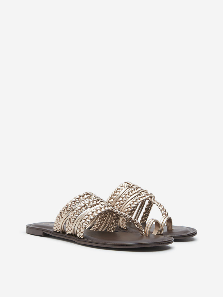 LUNA BLU Dull Gold Braided Kolhapuri Sandals