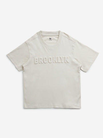 Y&F Kids Beige Text Embossed Cotton T-Shirt