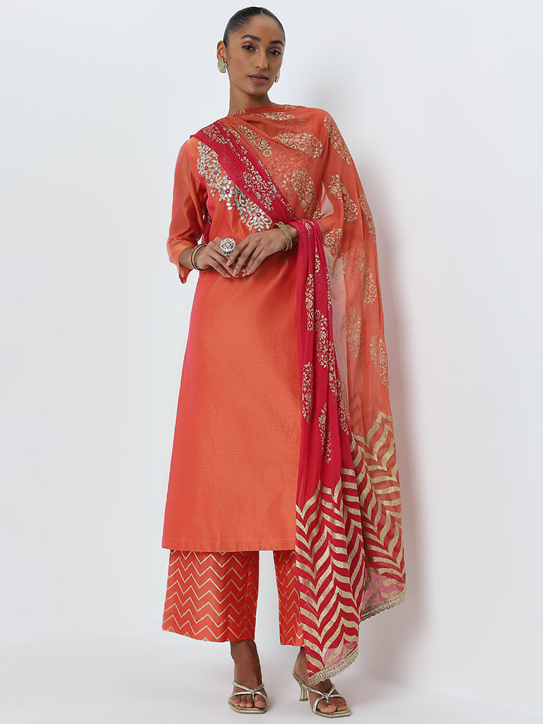 Vark Coral Floral Embellished Kurta, Pants And Dupatta Set