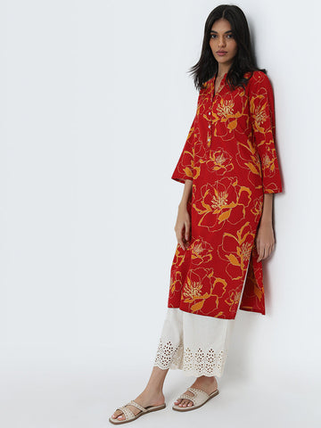 Utsa Red Floral Printed Straight Cotton Kurta