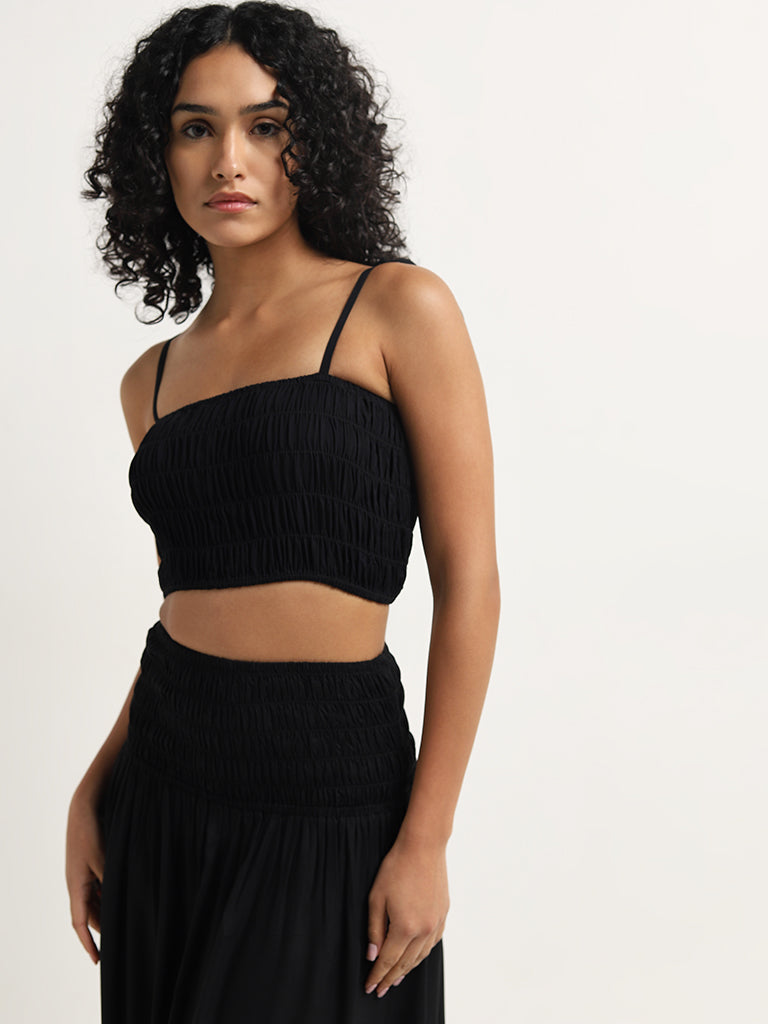 Wunderlove Black Smocked Cotton Crop Top