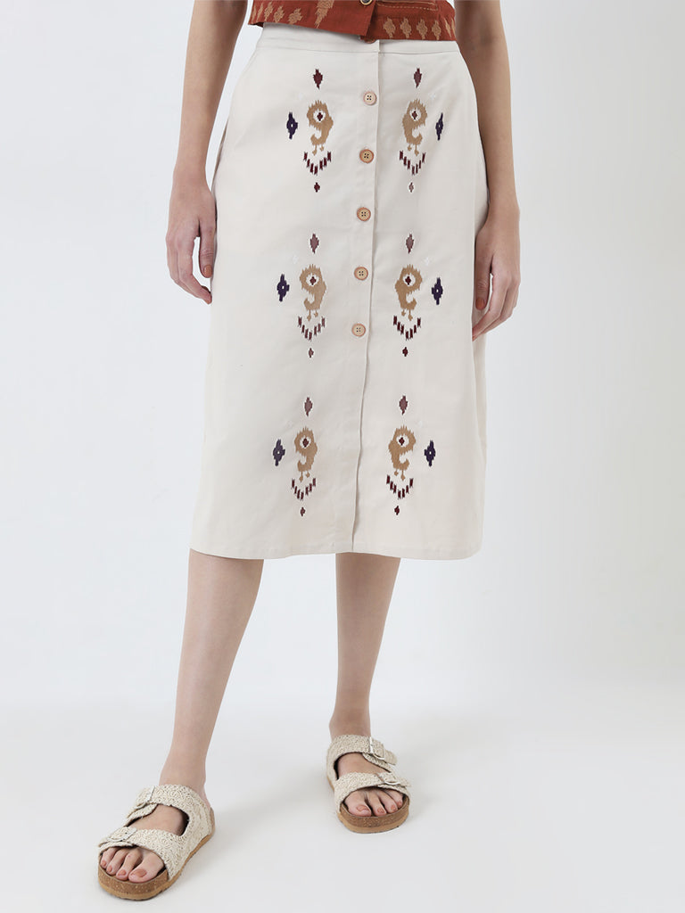 Bombay Paisley Light Beige Embroidered Cotton Blend Skirt