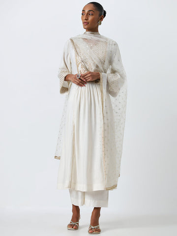 Vark White Embellished Kurta, Ethnic Pants and Dupatta Set