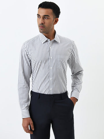 WES Formals Navy Stripe Printed Slim-Fit Cotton Shirt