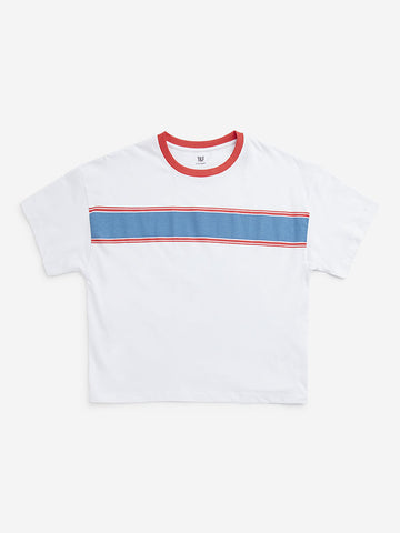 Y&F Kids White Colour-Blocked Cotton T-Shirt