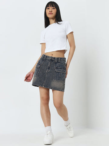 Nuon Dark Blue Washed Mid-Rise Denim Skirt