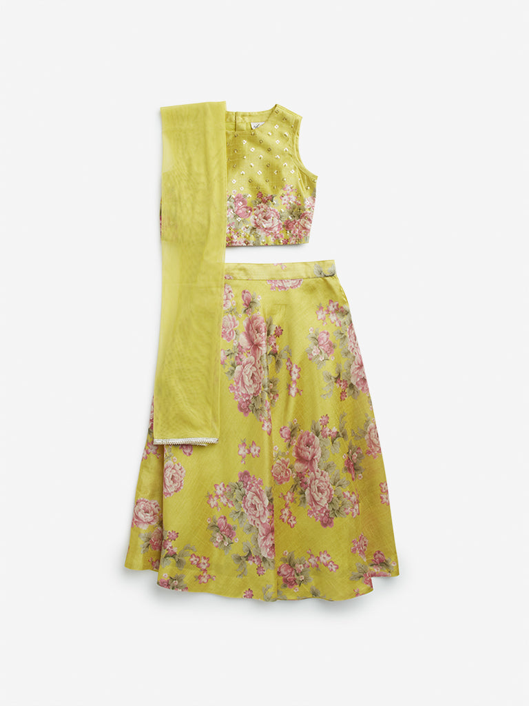 Utsa Kids Yellow Floral Printed Ghagra, Choli with Dupatta Set - (2 -8yrs)