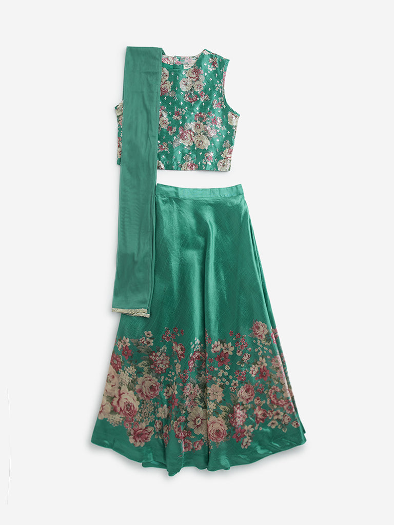 Utsa Kids Jade Green Floral Printed Ghagra, Choli with Dupatta Set (8-12 Years)