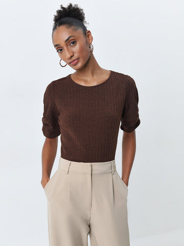 Wardrobe Brown Ribbed Textured Top