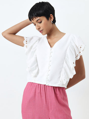 LOV White Schiffli Detailed Cotton Top