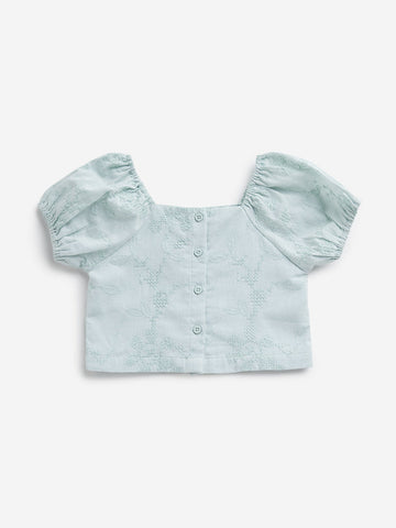 HOP Kids Mint Leaf Embroidered Cotton Blend Top