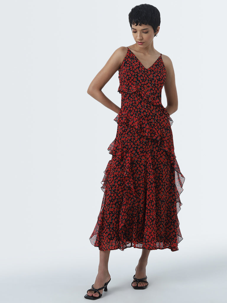 LOV Red Ruffled Floral A-Line Dress