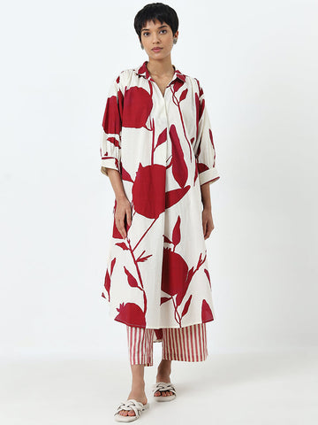 Utsa Red Leaf-Printed A-Line Cotton Kurta