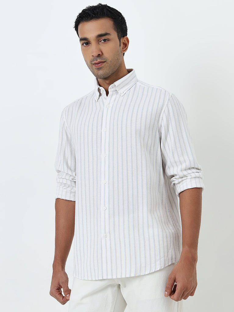 Ascot Off-White Stripe Printed Relaxed-Fit Cotton Blend Shirt