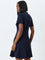 Studiofit Navy Ribbed Textured A-Line Cotton Blend Dress