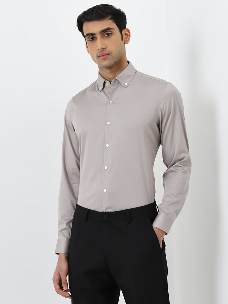 WES Formals Light Taupe Solid Slim-Fit Cotton Blend Shirt