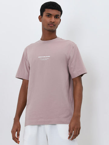 Studiofit Dusty Pink Printed Relaxed-Fit Cotton T-Shirt