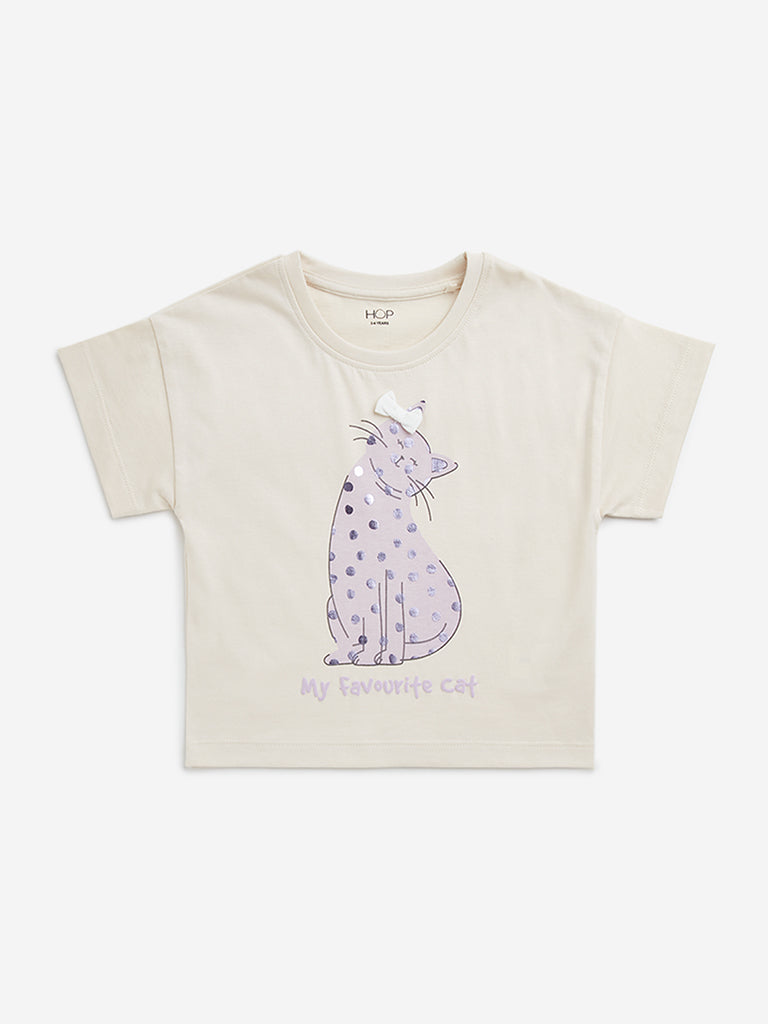 HOP Kids Beige Animal Design Cotton T-Shirt