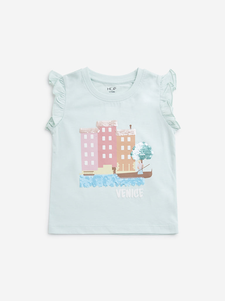 HOP Kids Mint Cityscape Design Cotton T-Shirt