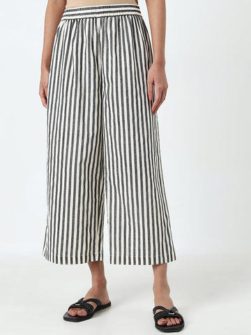 Utsa Black Stripe Printed High-Rise Cotton Blend Palazzos