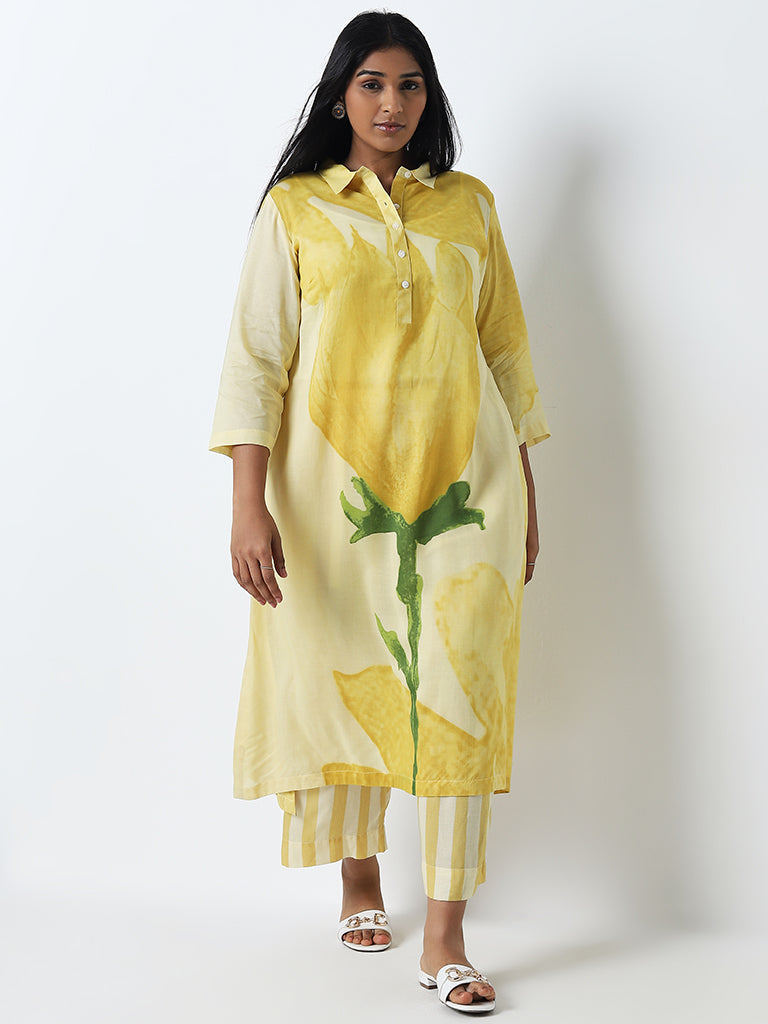 Diza Yellow Floral Printed A-Line Cotton Kurta