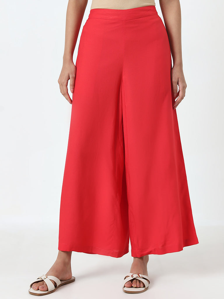 Utsa Dark Coral Solid High-Rise Palazzos