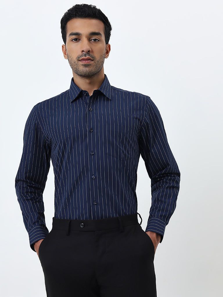 WES Formals Navy Striped Design Slim-Fit Cotton Shirt