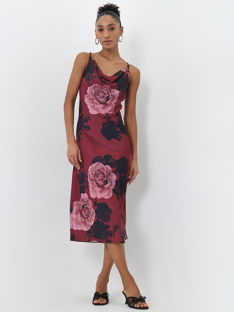 Wardrobe Burgundy Floral Printed Slip Dress